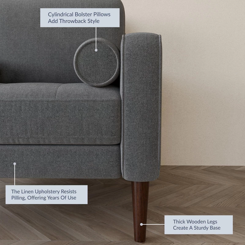 Erik Accent Chair Tufted Linen With Bolster Pillows, Grey - Image 4