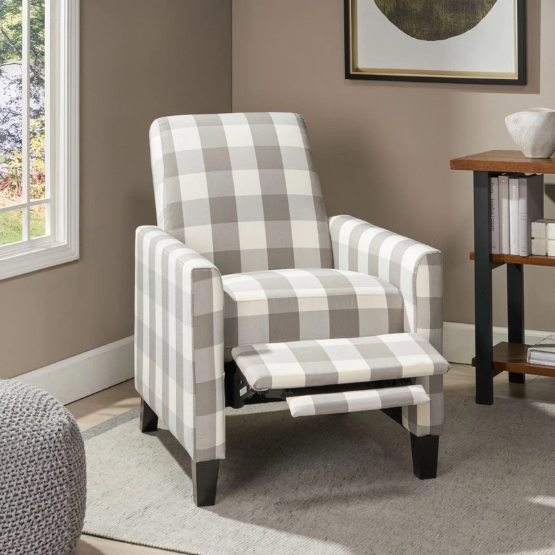 Bellagio Contemporary Fabric Upholstered Push Back Recliner, Gray Checkerboard/E - Image 3