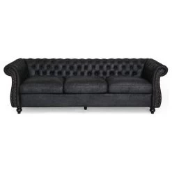 Vita Chesterfield Tufted Faux Leather Sofa, Black