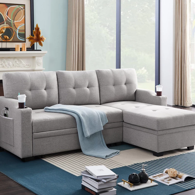 Mabel Fabric Sleeper Sectional With Cupholder, USB And Pocket, Light Gray, Linen - Image 2