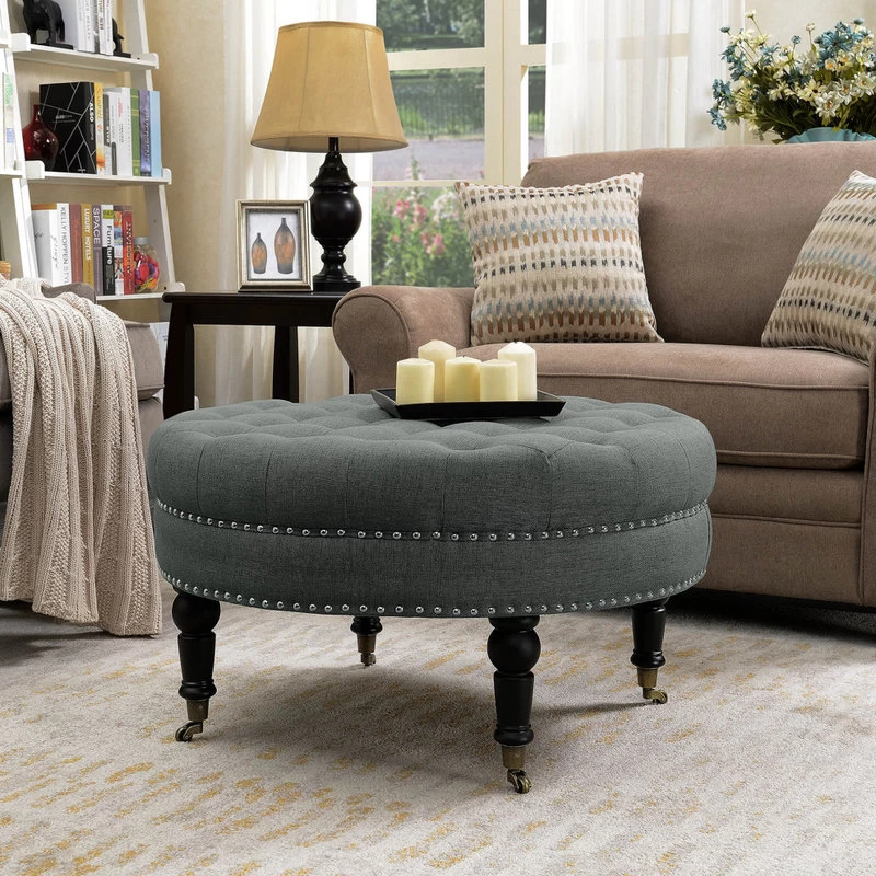 Round Tufted Linen Ottoman With Caster, 33", Gray - Image 2