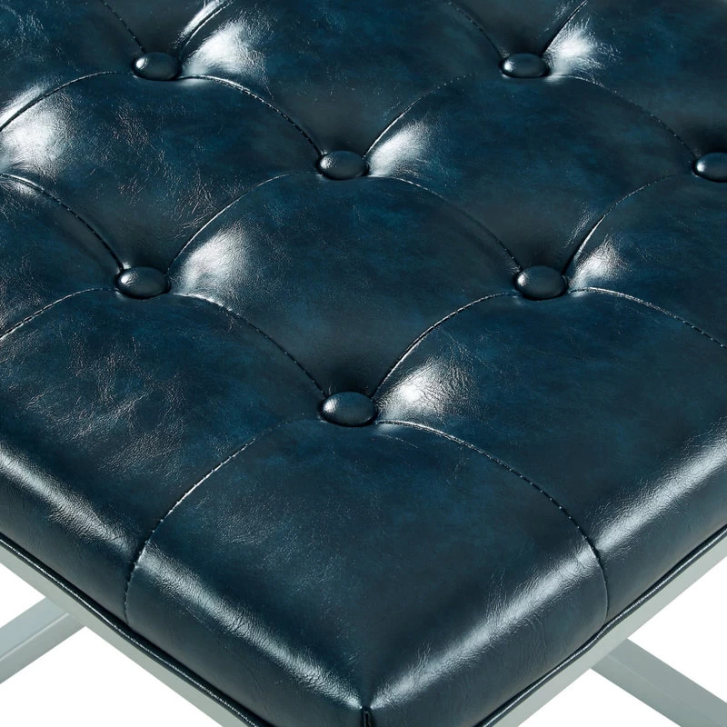 Teresa PU Leather Button Tufted Metal Frame Cube Ottoman, Blue - Image 6