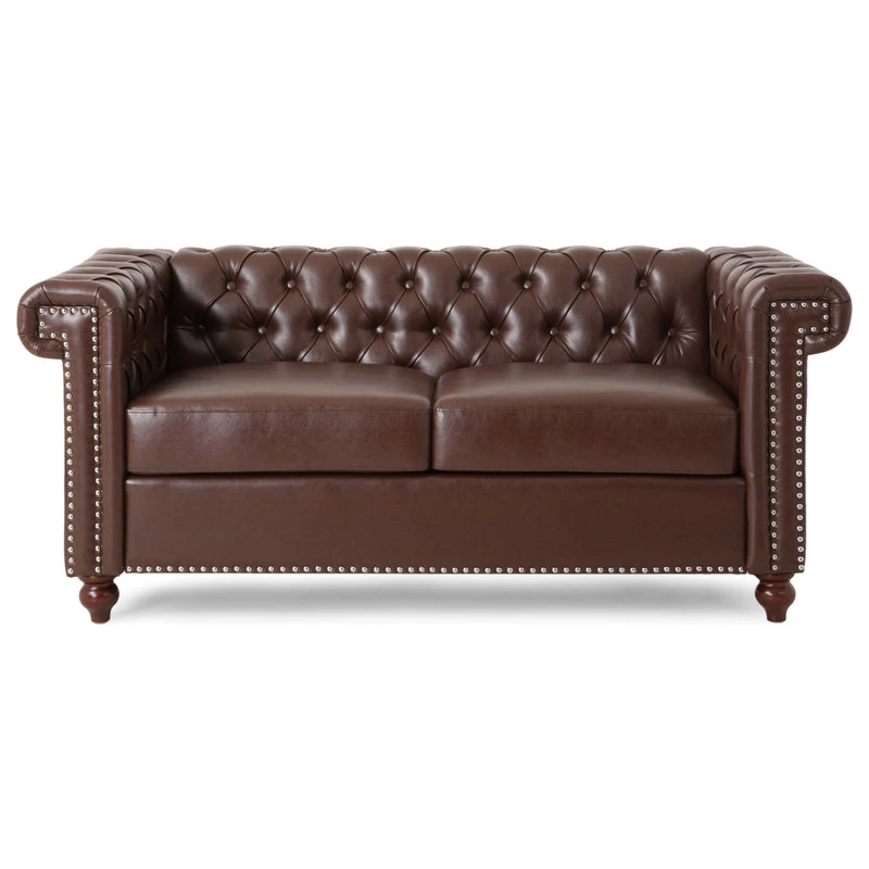 Timber Contemporary Button Tufted Loveseat With Nailhead Trim, Dark Brown And Es