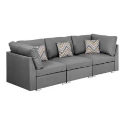 Amira Gray Linen Fabric Sofa Couch With Accent Pillows