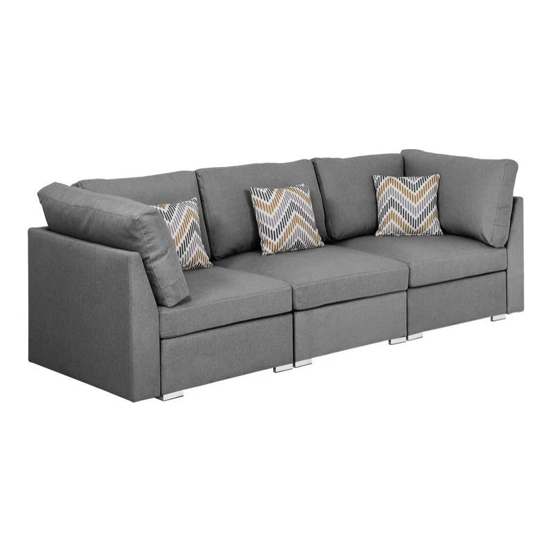 Amira Gray Linen Fabric Sofa Couch With Accent Pillows