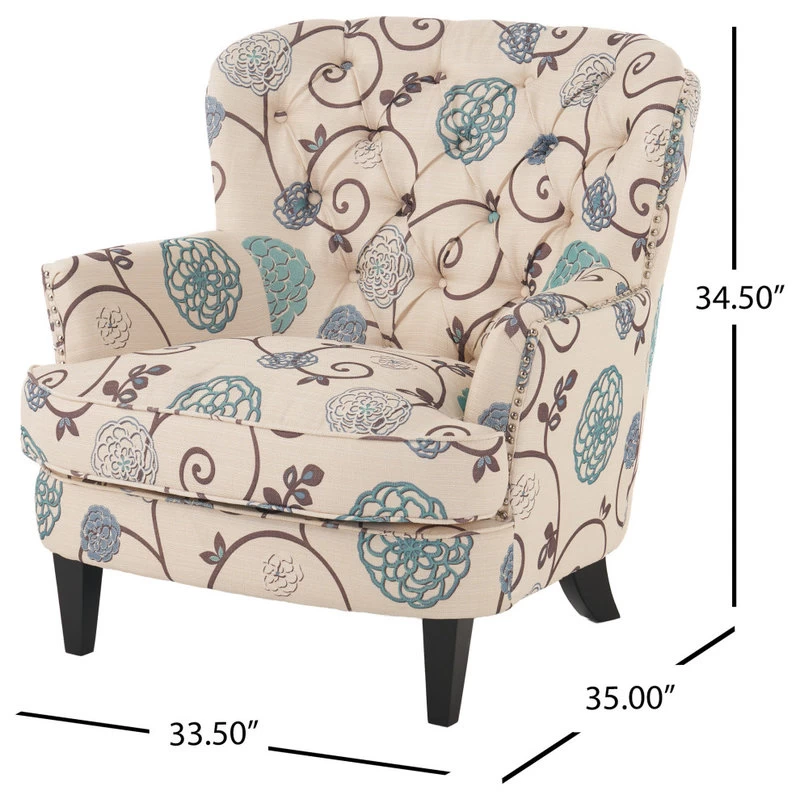 GDF Studio Alfred White And Blue Floral Fabric Club Chair With Chrome Nailheads - Image 3