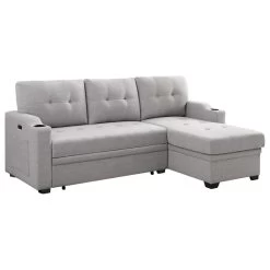 Mabel Fabric Sleeper Sectional With Cupholder, USB And Pocket, Light Gray, Linen
