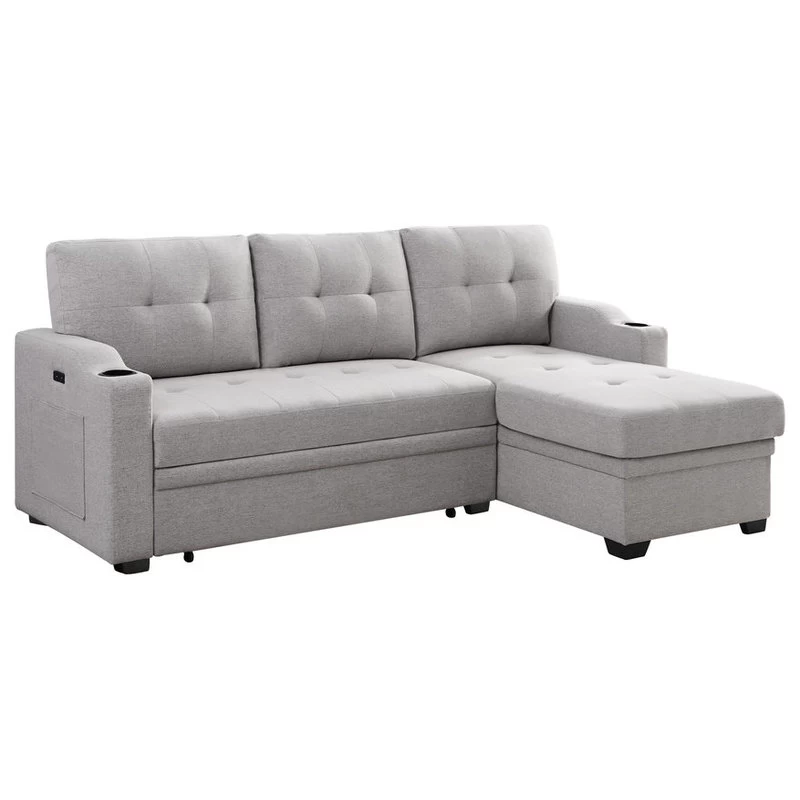 Mabel Fabric Sleeper Sectional With Cupholder, USB And Pocket, Light Gray, Linen