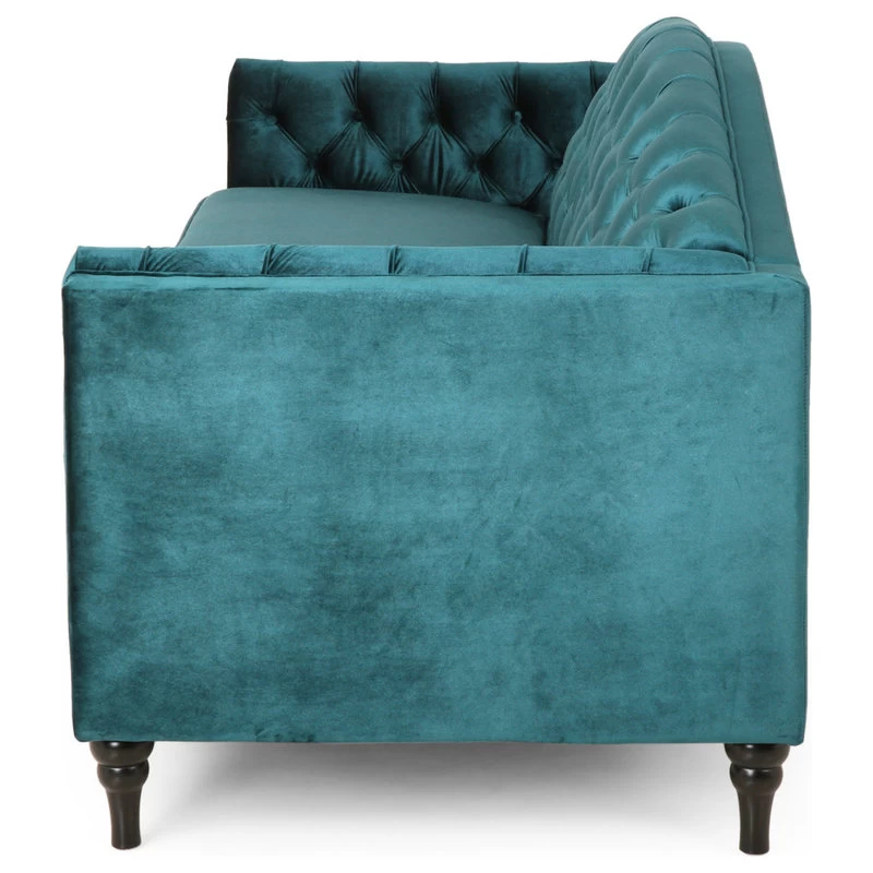 Bonnie Traditional Button Tufted Velvet 3 Seater Sofa, Teal/Dark Brown - Image 4