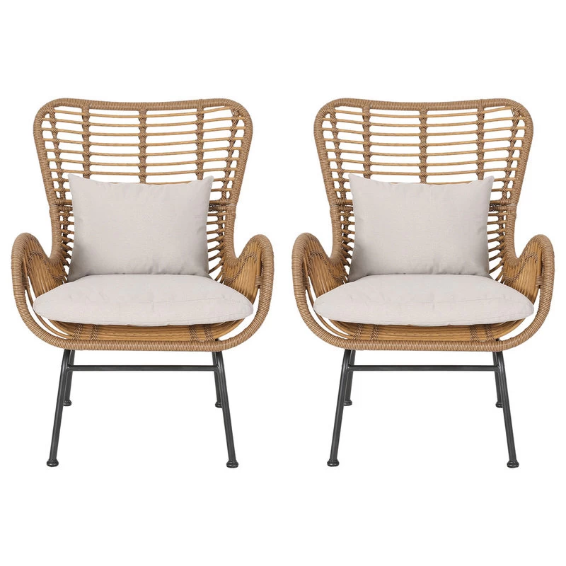 Gloria Indoor Wicker Club Chairs With Cushions, Set Of 2, Light Brown/Black/Beig