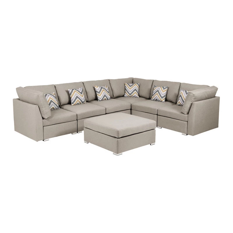 Amira Beige Fabric Reversible Modular Sectional Sofa With Ottoman And Pillows - Image 4