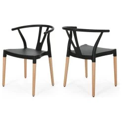 Victoria Modern Dining Chair With Beech Wood Legs, Set Of 2, Black, Natural Wood
