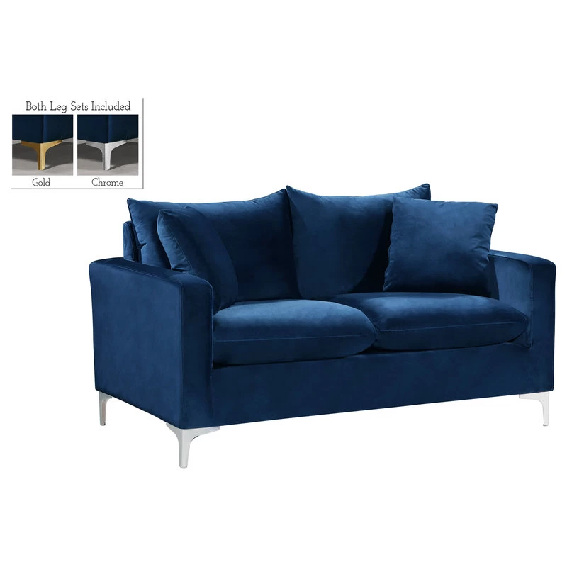 Naomi Velvet Loveseat, Gold And Chrome Leg Set, Navy - Image 2