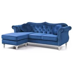 Hollywood Velvet Tufted Sofa With Reversible Chaise, Navy Blue