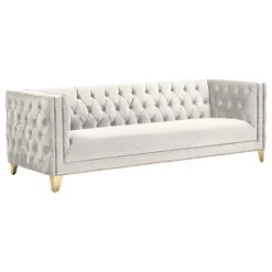 Michelle Fabric Upholstered Sofa, Gold Iron Legs, Cream Velvet