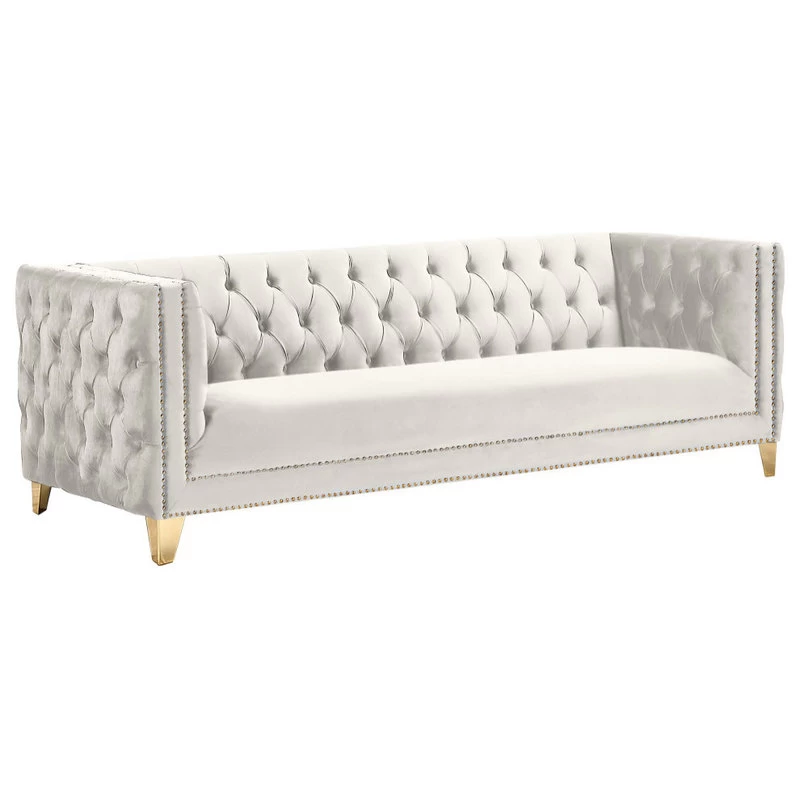 Michelle Fabric Upholstered Sofa, Gold Iron Legs, Cream Velvet