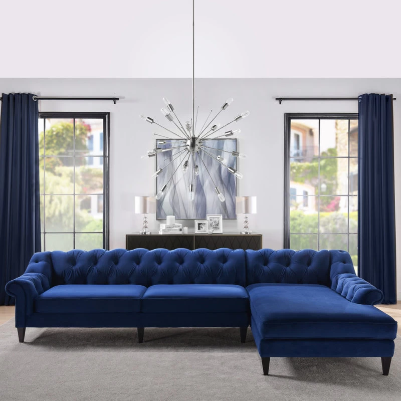 Alexandra 132" Chesterfield Tufted Sectional, Right Facing, Navy Blue - Image 3