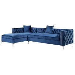 Jeannie Velvet Tufted With Nailhead Trim Sectional, Navy, Left Facing Chaise