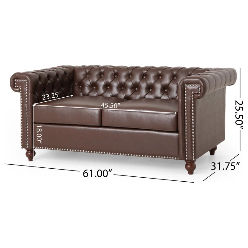 Timber Contemporary Button Tufted Loveseat With Nailhead Trim, Dark Brown And Es - Image 3