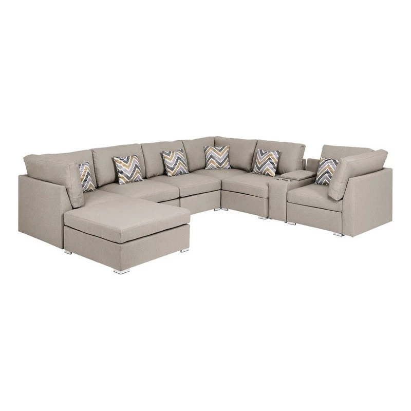 Amira Beige Linen Fabric Reversible Sectional Sofa With USB Storage Console