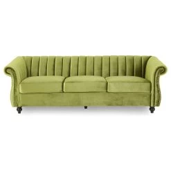 Olga Modern Glam Velvet 3 Seater Sofa, Sage, Dark Brown