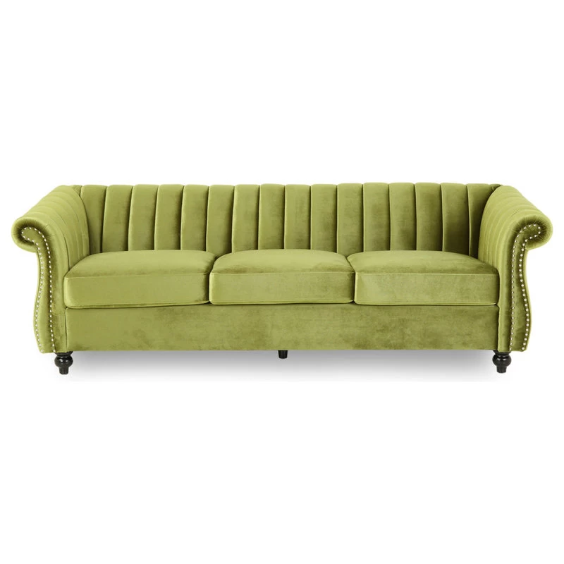 Olga Modern Glam Velvet 3 Seater Sofa, Sage, Dark Brown