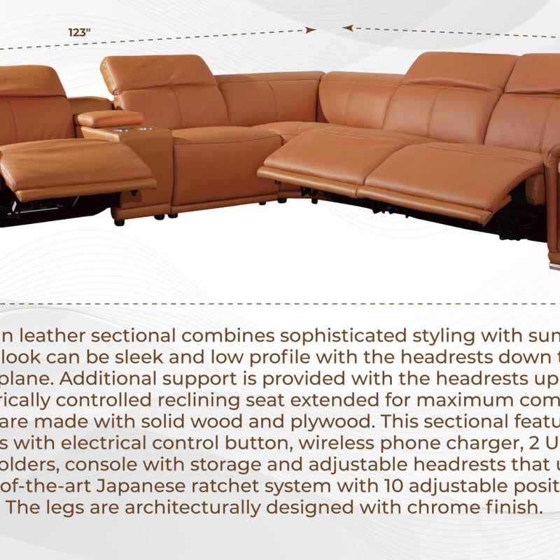 Frederico Genuine Italian Leather 6-Piece 1 Console 3-Power Reclining Sectional, Camel - Image 13