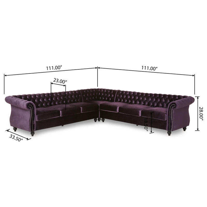 Annabelle 7 Seater Velvet Tufted Chesterfield Sectional, Blackberry, Dark Brown - Image 3