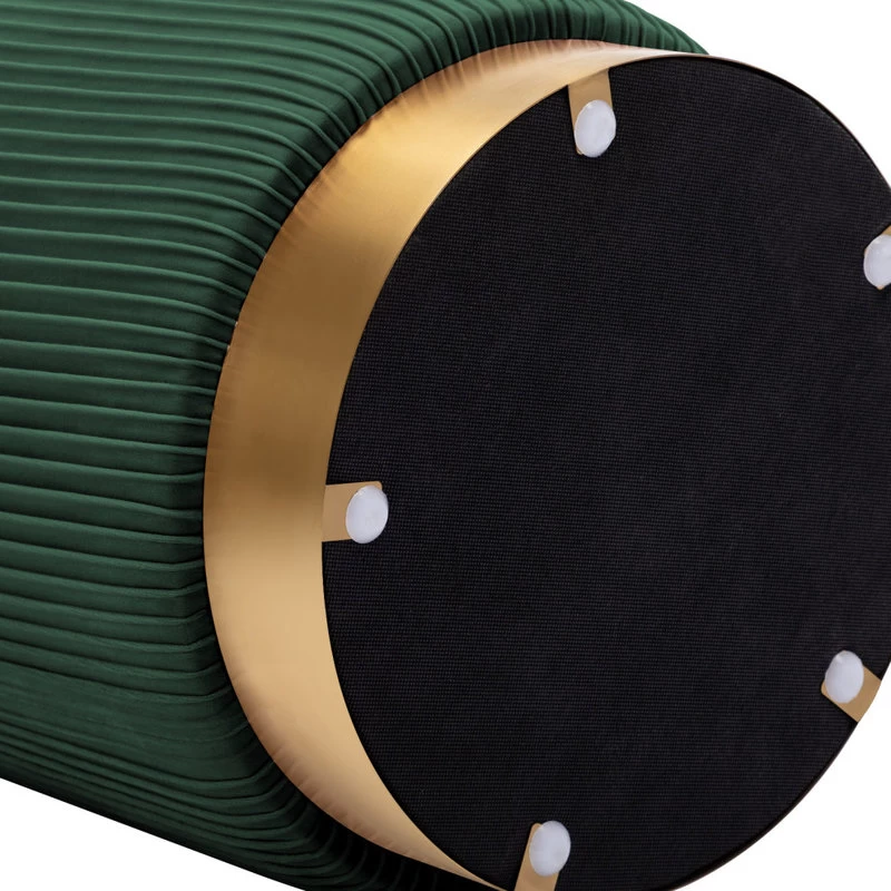 Round Pleated Golden Base Velvet Ottoman, Dark Green - Image 6