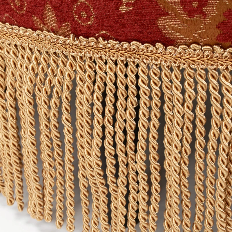 Yolanda Tufted Round Ottoman With Bullion Trim, Red Gold Jacquard - Image 5