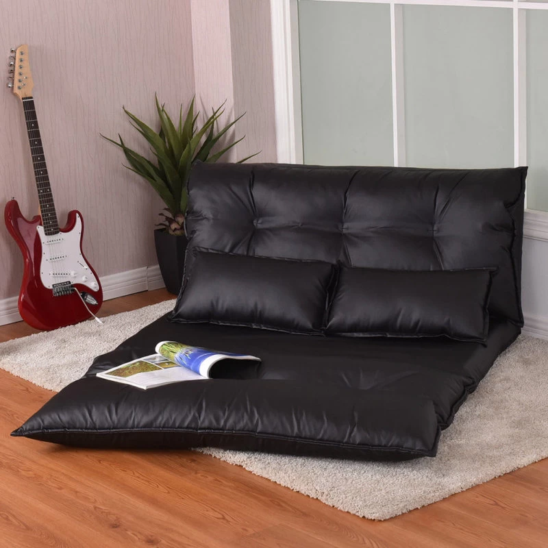 Costway PU Leather Foldable Modern Floor Sofa Bed Video Gaming 2 Pillows Black - Image 2