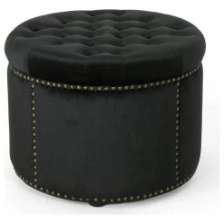 GDF Studio Carlos Glam Velvet Tufted Ottoman, Black/Black