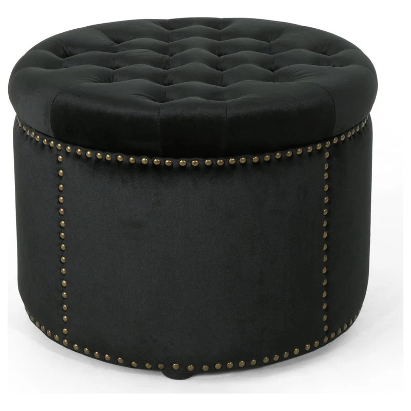 GDF Studio Carlos Glam Velvet Tufted Ottoman, Black/Black