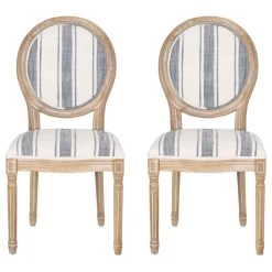 Lariya French Country Fabric Dining Chairs (Set Of 2), Dark Blue Line + Natural