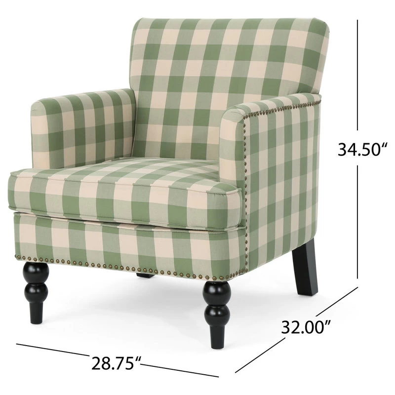 GDF Studio Eve Tufted Fabric Club Chair, Green Checkerboard/Dark Brown - Image 3