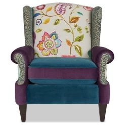 Anya Boho Chic Wingback Accent Arm Chair, Floral & Leopard, Purple Blue Teal