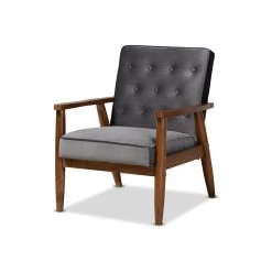 Sorrento Gray Velvet Fabric Upholstered Walnut Finished Wooden Lounge Chair