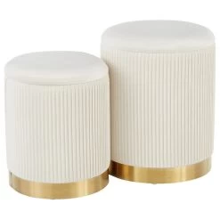 Lumisource Marla Gold And Cream Nesting Pleated Ottoman Set OT-MARLA PLT VCR