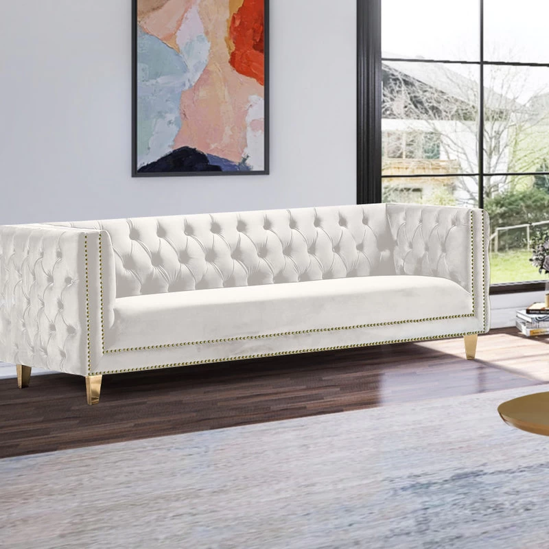 Michelle Fabric Upholstered Sofa, Gold Iron Legs, Cream Velvet - Image 2
