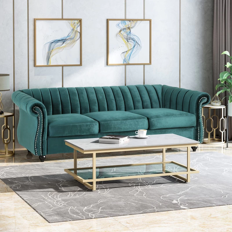 Olga Modern Glam Velvet 3 Seater Sofa, Teal, Dark Brown - Image 2