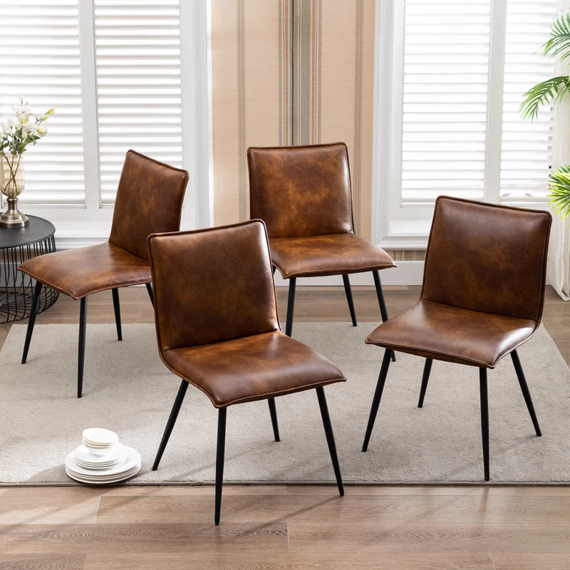 Set Of 4 Minimalist Faux Leather Side Chairs For Dining Room, Yellowish-Brown - Image 7