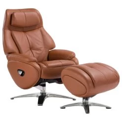 Melbourne Top Grain Leather Ergonomic Manual Recliner & Ottoman Set, Tan/Silver