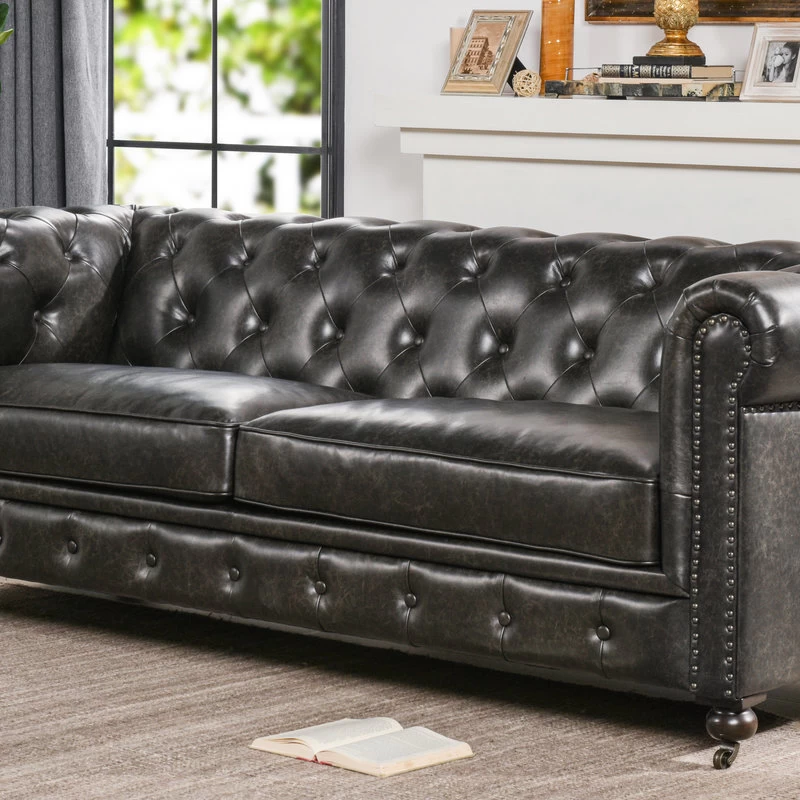 Winston 91" Tufted Chesterfield Sofa, Vintage Black Brown Faux Leather - Image 10
