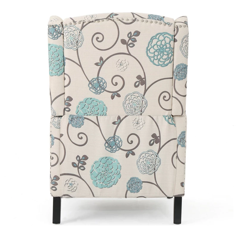 Corbin Fabric Recliner, Set Of 2, White With Blue Floral And Dark Brown - Image 4