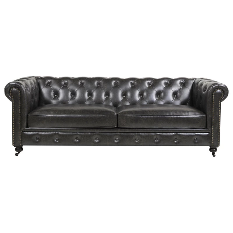 Winston 91" Tufted Chesterfield Sofa, Vintage Black Brown Faux Leather