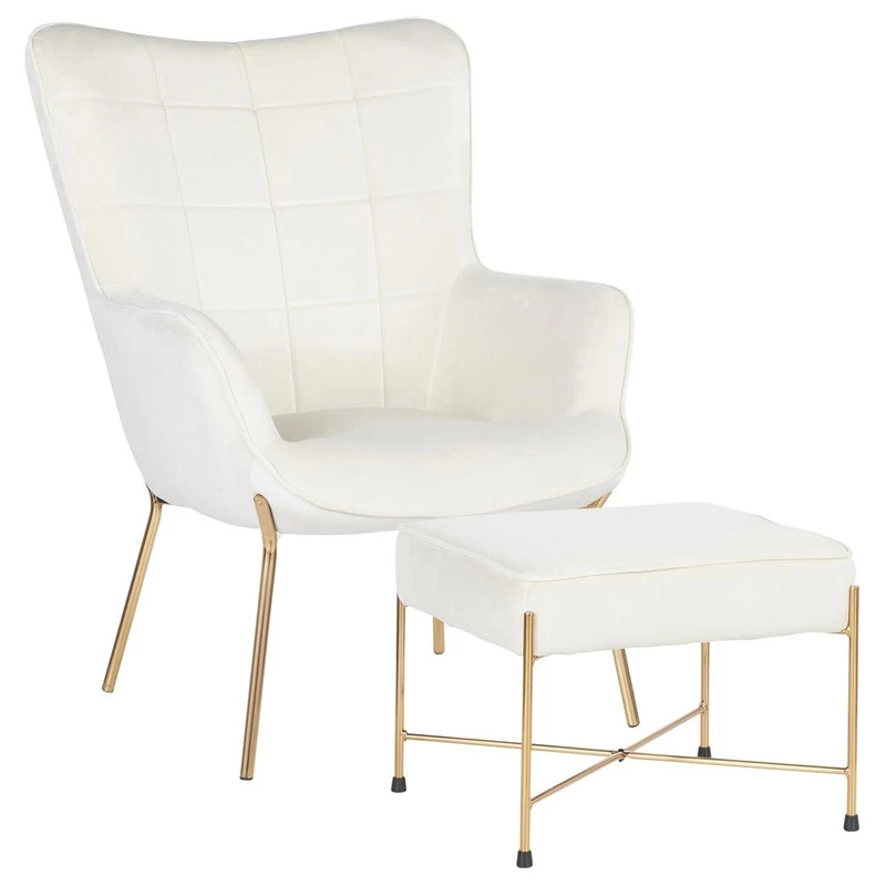 Izzy Contemporary Lounge Chair/Ottoman Set, Gold Metal/Cream Velvet Fabric