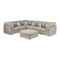 Amira Beige Fabric Reversible Modular Sectional Sofa With Ottoman And Pillows