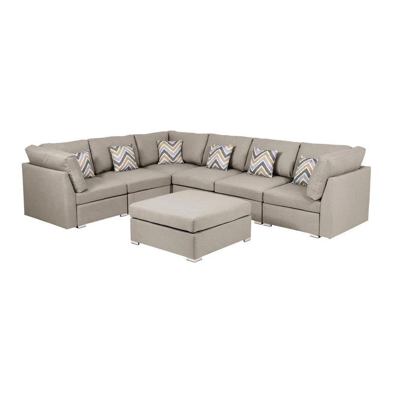Amira Beige Fabric Reversible Modular Sectional Sofa With Ottoman And Pillows