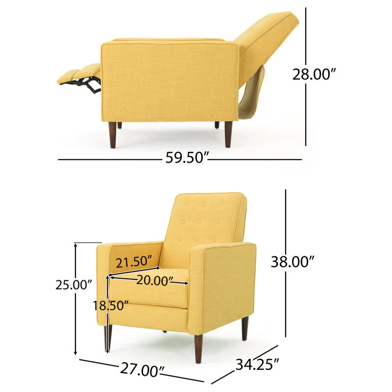 Mason Mid-Century Modern Button Tufted Fabric Recliner, Fabric/Muted Yellow, Single Chair - Image 4