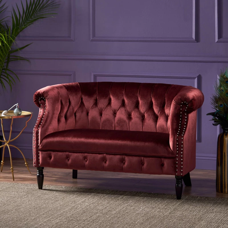 Melaina Tufted Chesterfield Velvet Loveseat With Scrolled Arms - Image 2